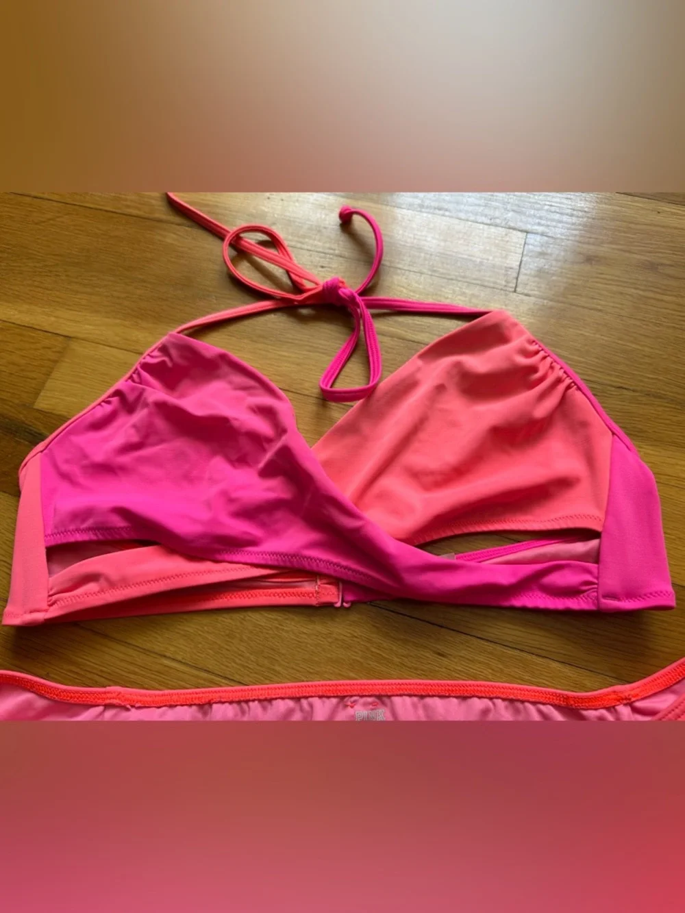 PINK Victoria's Secret Two-Tone‎ Pink & Coral Halter Bikini